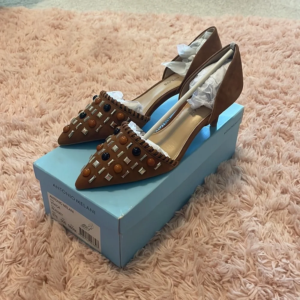 Antonio Melani Vivica Brown Bead Studded Suede Heels - Picture 1 of 8